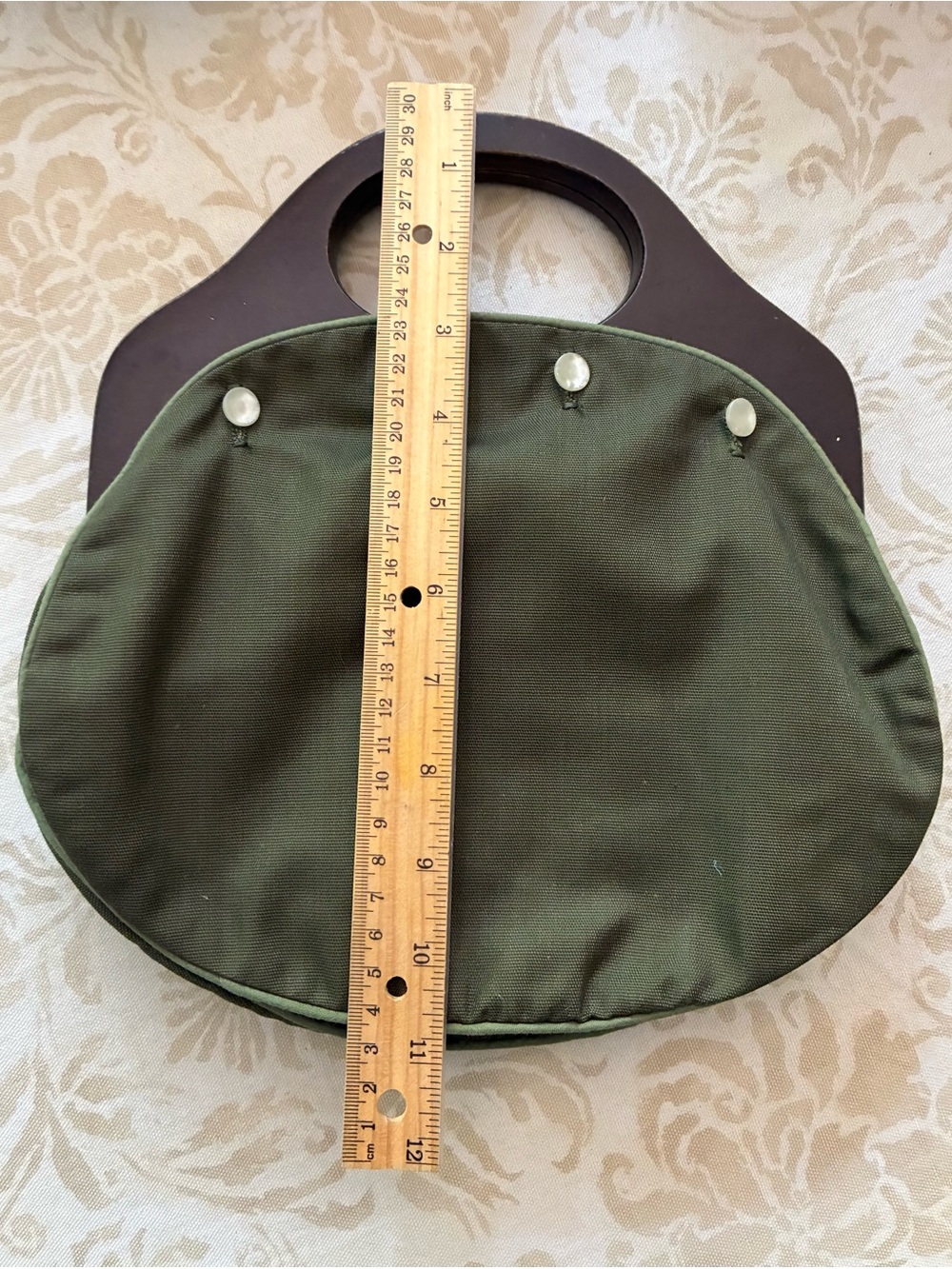 Bermuda Bag Purse Olive Green Cotton Cover 4 Button Wood Handles Vintage - Picture 3 of 7